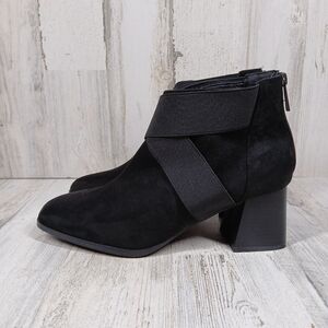 Anne Klein Ankle Bootie Rivka Black Faux Suede Block Heel Back Zip Elegant